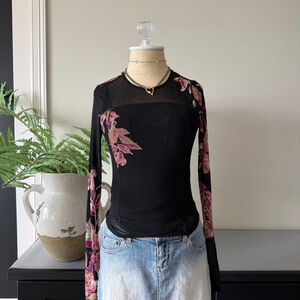 Free People Black Mesh Floral Long Sleeve Top XS Sheer Boho Chic